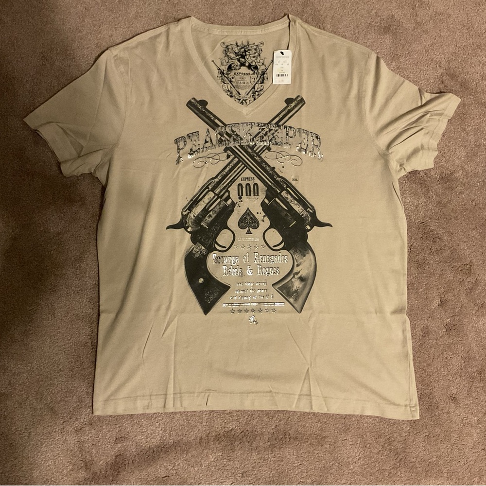 Express Men's Tan Graphic V-Neck Short Sleeve Shirt